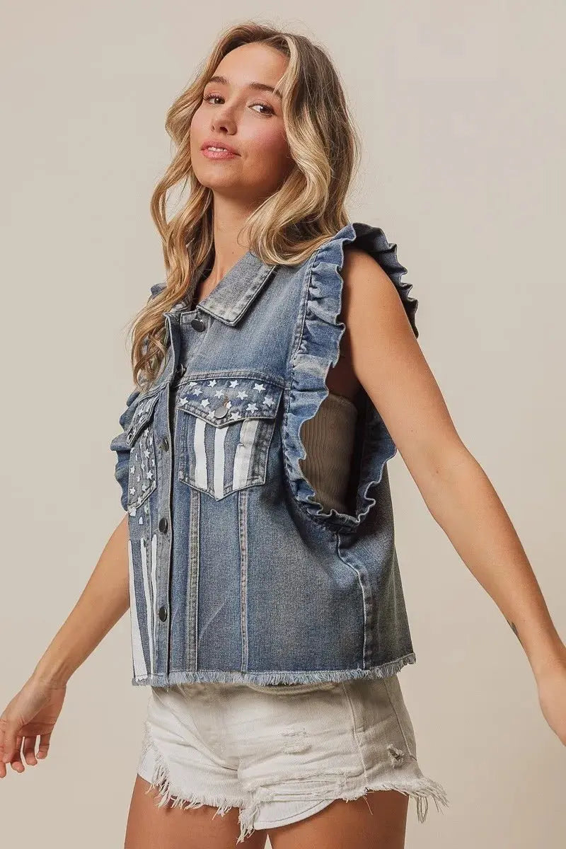 BiBi American Flag Washed Denim Jacket - Love Salve